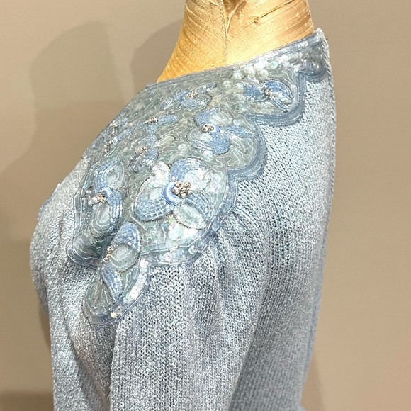 VTG Pat Sandler Wellmore Knit Dress Bow Sequins Blue Long Sheath Midi 6 Dynasty - Picture 8 of 12